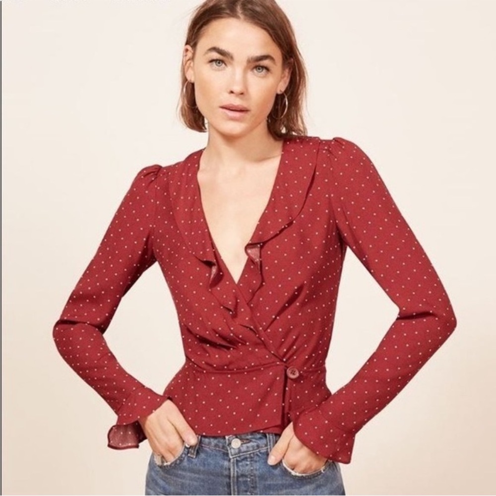 Reformation Lee Wrap Top in Polka Dot Red